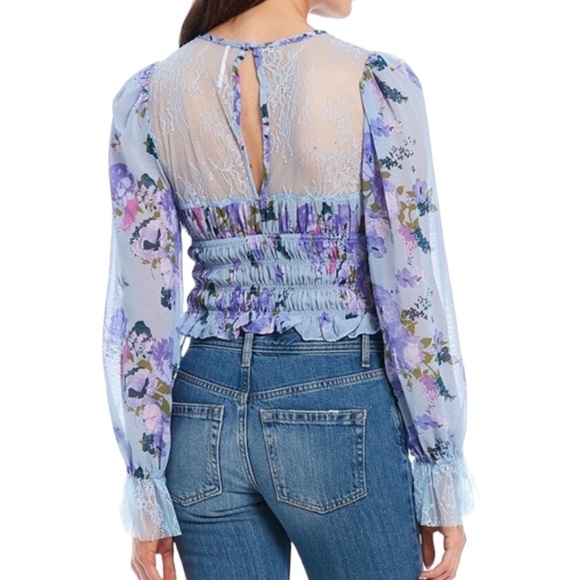 Nwot Free People Daphne Floral Print Lace Sheer Yoke Smocked Hem Blouse Size M - Picture 7 of 14